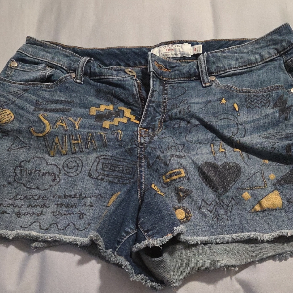 Torrid Blue and Gold Distressed Jean Shorts